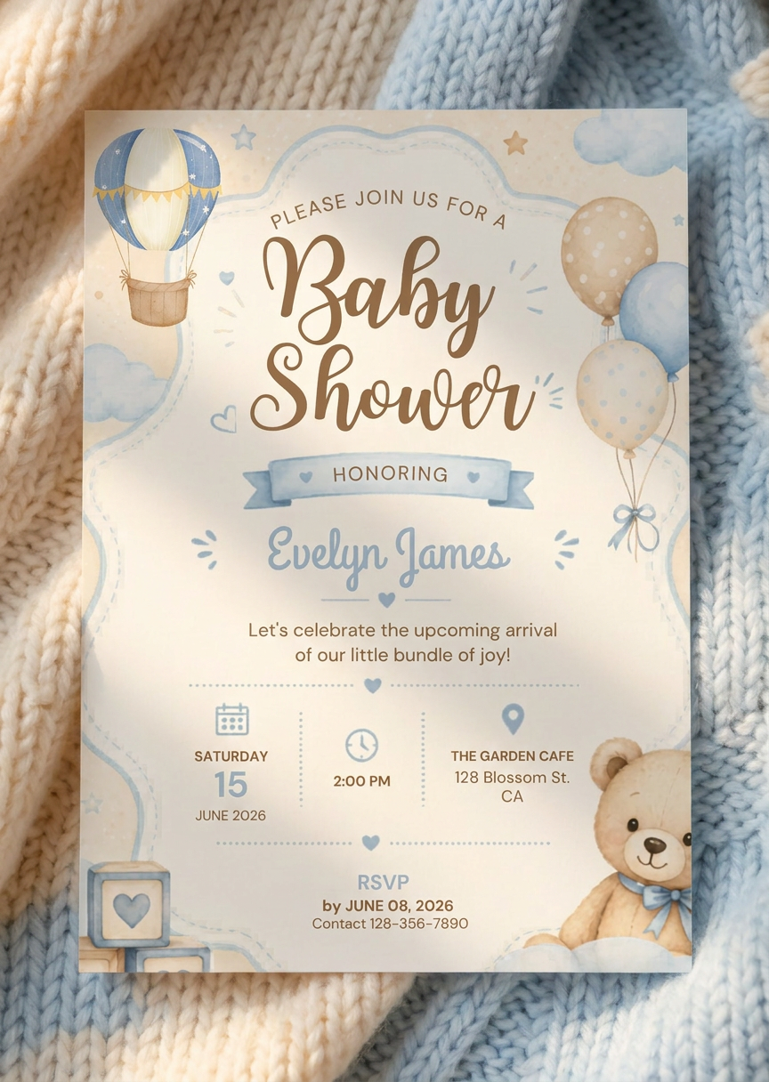 Teddy Bear Hot Air Balloon Baby Shower Invitation (Digital Download)