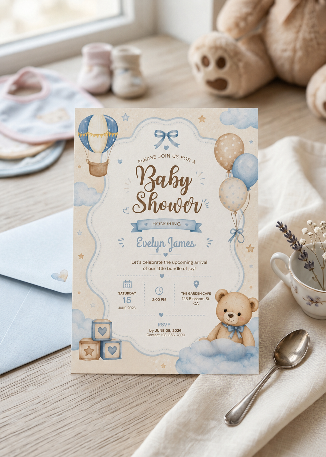 Teddy Bear Hot Air Balloon Baby Shower Invitation (Digital Download) - Image 3