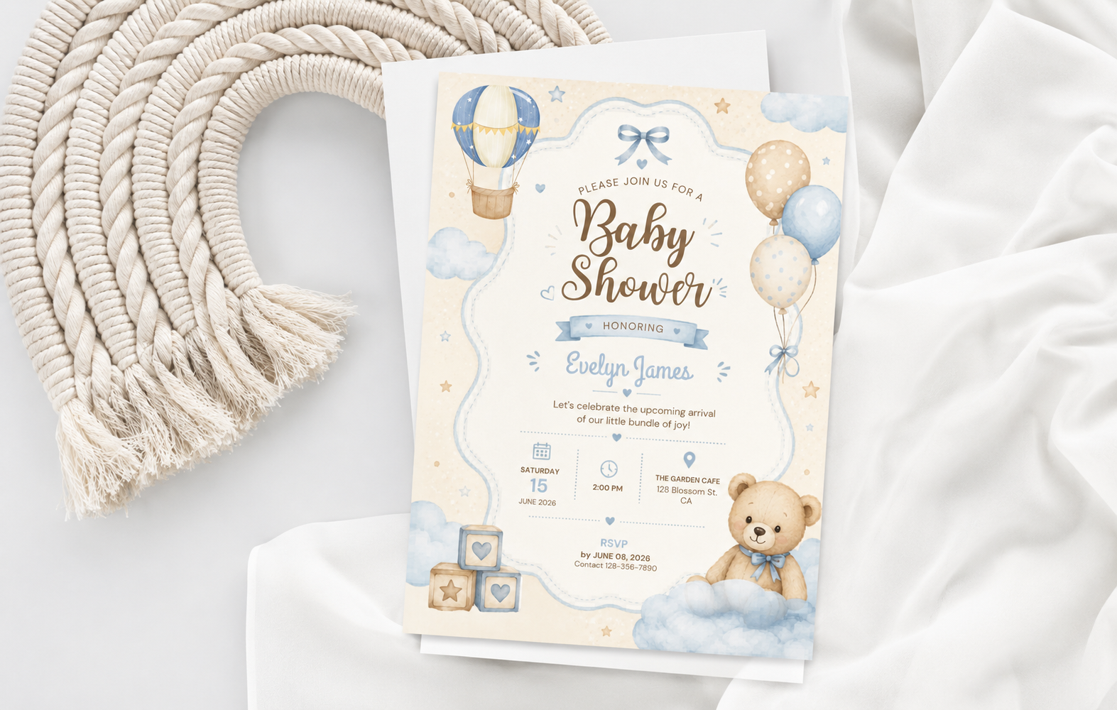 Teddy Bear Hot Air Balloon Baby Shower Invitation (Digital Download) - Image 2